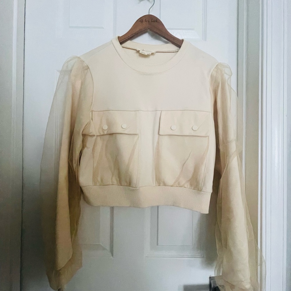 Cream Boxy Crop Long Sleeve Sweatshirt